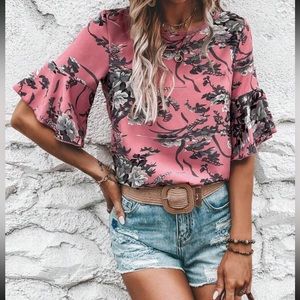 Boho floral print flounce sleeve blouse